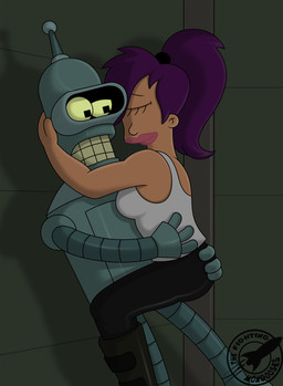 boots breasts clothing duo eyes_closed female footwear hair hand_on_butt lipstick machine makeup male male/female purple_hair shadow shoes smile thefightingmongooses comedy_central futurama bender_bending_rodríguez turanga_leela human humanoid mammal robot robot_humanoid