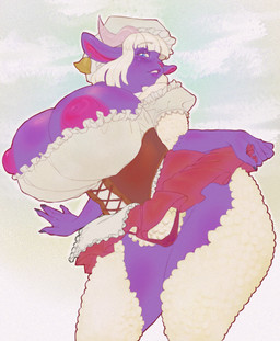 anthro areola big_breasts big_nipples blue_eyes bottomwear breasts clothing corset ear_piercing facial_piercing female female_anthro fur hair horn huge_breasts humanoid_hands lingerie lips looking_at_viewer low-angle_view nipple_dip nipple_slip nipples nose_piercing nose_ring panties piercing pink_areola pink_nipples puffy_nipples purple_body purple_skin ring_piercing skirt solo topwear underwear white_body white_fur white_hair white_wool wide_hips wool_(fur) zeighous bella_(terraapple) bovid caprine mammal sheep hi_res