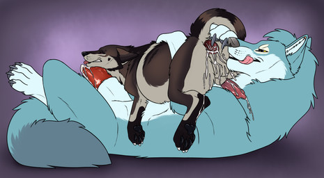 animal_genitalia animal_penis anus balls blue_body blue_fur bodily_fluids brown_body brown_fur canine_genitalia canine_penis cum cum_in_ass cum_inside cum_on_own_penis cum_on_penis cum_on_self duo ears_back erection feral feral_on_feral fur gaping gaping_anus genital_fluids genitals grey_balls grey_body grey_fur larger_feral larger_male lying male male/male male_feral narrowed_eyes on_back on_top penis penis_tip pivoted_ears red_penis side_view simple_background size_difference smaller_feral smaller_male smile killthe_demon canid canine mammal hi_res