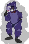 anthro barely_visible_genitalia barely_visible_penis bow_tie bulge clothing confusion detailed_bulge fluffy fur genitals heart-shaped_pupils machine male penis penis_base purple_body purple_fur sharp_teeth simple_background solo teeth text thong underwear filledcrossiant five_nights_at_freddy's five_nights_at_freddy's_2 scottgames withered_bonnie_(fnaf) humanoid robot english_text hi_res