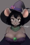 anthro big_breasts black_hair breasts cleavage clothed clothing female flower flower_accessory hair hat headgear headwear lipstick looking_at_viewer magic_user makeup plant simple_background solo witch witch_costume witch_hat pamaht9 mammal murid murine rat rodent hi_res signature spanish_description