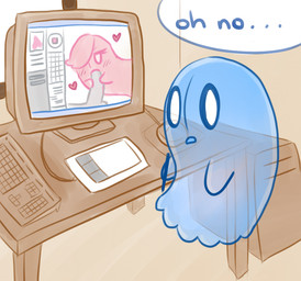 caught_in_the_act computer computer_mouse cord desk drawing_(object) drawing_in_a_drawing drawing_tablet duo electronics fellatio female furniture heart_symbol inside keyboard male male/female monitor not_furry oral penile sex stylus table tablet text translucent translucent_body unknown_artist undertale undertale_(series) happstablook napstablook ghost mammal spirit
