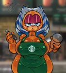 angry apron apron_only breasts butt cleavage clothed clothing crossgender eyeshadow female fusion looking_at_viewer makeup mostly_nude mtf_crossgender overweight purple_eyeshadow short_stack slightly_chubby solo idlepotoo garfield_(series) i_mean_breast_milk mad_(series) star_wars starbucks ahsoka_tano garfield_the_cat sudoku_(mad) domestic_cat felid feline felis mammal crossover hi_res meme