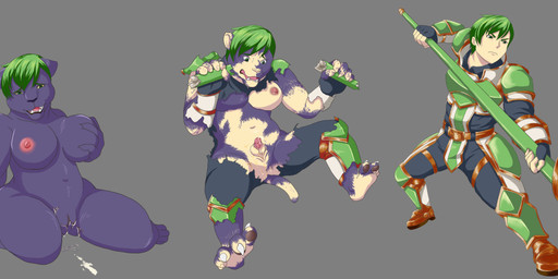 anthro armor base_one_layout basic_sequence big_breasts biped breast_growth breasts claws clothed clothing female gender_transformation genitals green_hair grey_background growth hair hand_on_breast human_to_anthro kneeling linear_sequence male melee_weapon mtf_transformation nipples nude one_row_layout open_mouth penis short_hair simple_background solo species_transformation surprised tail tail_growth three_frame_image three_frame_sequence torn_clothing transformation transformation_sequence vulva weapon killpanda fire_emblem fire_emblem_heroes fire_emblem_mystery_of_the_emblem nintendo abel_(fire_emblem) cougar felid feline human mammal 2018 digital_media_(artwork) full-length_portrait hi_res portrait right_to_left sequence
