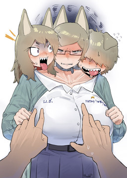 3_heads ambiguous_gender ambiguous_pov angry belt big_breasts bottomwear breasts clothing collar duo eyewear female first_person_view glasses green_clothing happy huge_breasts looking_at_viewer multi_head rectangular_glasses red_eyewear red_glasses simple_background skirt smile tongue tongue_out white_background maikamiaka haewn_(maikamiaka) phech_(maikamiaka) ploy_(maikamiaka) animal_humanoid canid canid_humanoid canine canine_humanoid dog_humanoid humanoid mammal mammal_humanoid 2025 digital_media_(artwork) hi_res