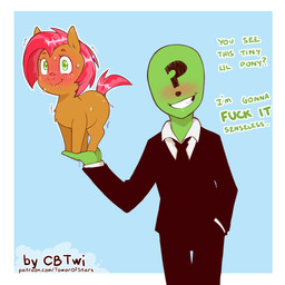 ?_face blue_background blush bodily_fluids brown_body brown_fur clothing dialogue duo female feral freckles fur green_body green_eyes green_skin grin hair male red_hair simple_background size_difference smile standing suit sweat text young young_feral cold-blooded-twilight friendship_is_magic hasbro my_little_pony anon babs_seed_(mlp) earth_pony equid equine horse human mammal pony 1:1 digital_media_(artwork) english_text hi_res url