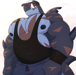 anthro black_clothing black_nipples black_sclera black_shirt black_topwear bottomwear clothing dorsal_fin elbow_fin fangs fin gills hat headgear headwear male musclegut muscular muscular_anthro muscular_arms muscular_male nipples non-mammal_nipples orange_eyes pecs scar scars_all_over shirt simple_background solo tail tank_top teeth topwear white_background wristband same22shark nelson_(same22shark) aquatic fish shark 2023 digital_media_(artwork) hi_res