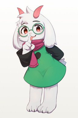 3_toes 4_fingers anthro barefoot blush claws clothing cute_fangs eyewear fangs feet finger_claws fingers floppy_ears fluffy fur glasses hair hand_behind_back happy horn kemono looking_at_viewer male male_anthro open_mouth pawpads red_eyes robe round_glasses scarf shush simple_background smile smiling_at_viewer solo standing teeth toes tongue wearing_glasses white_background white_body white_fur white_hair young young_anthro young_male asakai deltarune undertale_(series) ralsei bovid caprine darkner goat mammal 2021 2:3 absurd_res digital_media_(artwork) full-length_portrait hi_res portrait