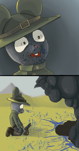 antennae_(anatomy) anthro blood blue_blood bodily_fluids clothing colored_blood dispair duo female fur grey_body grey_fur gun hair kneeling male military_uniform ranged_weapon red_body red_hair scared shotgun uniform unusual_blood unusual_bodily_fluids weapon basedbinkie molb_(artist) arthropod insect mammal mouse murid murine rodent absurd_res comic hi_res