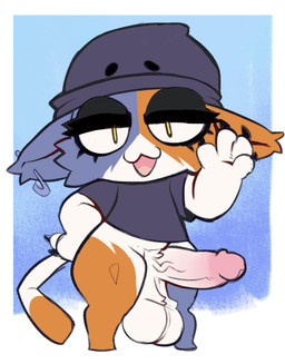 :3 anthro balls beanie big_balls big_penis black_clothing black_shirt black_topwear blue_background blue_body blue_fur bottomless bottomless_anthro chibi claws clothed clothing ear_piercing erection eyeliner featureless_feet feet fur genitals gesture gynomorph half-closed_eyes hat headgear headwear huge_penis hyper hyper_genitalia hyper_penis intersex looking_at_viewer makeup mostly_nude multicolored_body multicolored_fur narrowed_eyes open_mouth orange_body orange_fur penis piercing presenting presenting_balls presenting_penis pubes saggy_balls shirt simple_background solo t-shirt tail thick_thighs topwear vein veiny_penis waving white_background white_balls white_body white_fur yellow_eyes lilbunpinky epic_games fortnite meow_skulls calico_cat domestic_cat felid feline felis mammal full-length_portrait hi_res portrait
