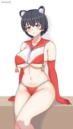 4_ears animal_ears armwear belly big_breasts black_hair blue_eyes blush breasts clothed clothing elbow_gloves female glistening glistening_belly glistening_body glistening_eyes glistening_shoulders glistening_skin glistening_thighs gloves hair handwear human_and_animal_ears human_ears inner_ear_fluff legs_together multi_ear navel pantsless pantsless_female pantsless_humanoid red_armwear red_clothing red_elbow_gloves red_gloves red_handwear red_thong red_underwear short_hair simple_background sitting skimpy small_waist solo tassels text thong tuft twitter_handle under_boob underwear white_background wide_hips eclypsea blue_archive nexon tsubaki_(blue_archive) animal_humanoid canid canid_humanoid canine canine_humanoid humanoid mammal mammal_humanoid raccoon_dog tanuki tanuki_humanoid 2024 absurd_res artist_name hi_res portrait three-quarter_portrait