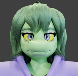 anthro clothed clothing female freckled_face freckles front_view green_body green_hair hair looking_at_viewer pupils slit_pupils solo yellow_sclera violetv0ids cavemanon_studios i_wani_hug_that_gator olivia_halford baryonyx dinosaur prehistoric_species reptile saurischian scalie spinosaurid theropod 3d_(artwork) bust_portrait digital_media_(artwork) portrait