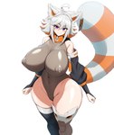 biped clothed clothing eyelashes female fingers glistening glistening_body hair legwear markings nipple_outline pupils purple_eyes simple_background smile solo striped_markings striped_tail stripes tail tail_markings thick_thighs thigh_highs white_background white_hair wide_hips jadf animal_humanoid humanoid absurd_res hi_res
