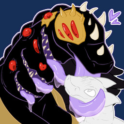 black_body bodily_fluids breasts cleavage clothed clothing drooling drooling_on_partner drooling_tongue heart_eyes heart_symbol licking looking_at_another looking_at_partner multi_eye multi_mouth purple_mouth purple_tongue red_eyes saliva sharp_teeth spikes spikes_(anatomy) sticker teeth tongue tongue_out impishhyena selene_(impishhyena) ych_(character) goo_creature 1:1 alpha_channel hi_res