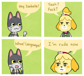 :3 :o >:3 alternating_focus anthro asking asking_another base_two_layout bell big_ears black_eyes black_nose black_sclera blonde_hair close-up clothed clothing dialogue duo exclamation_point eyelashes female floppy_ears four_frame_grid four_frame_image fur green_background grey_body grey_ears grey_fur grid_layout hair half-closed_eyes humor interjection male multicolored_body multicolored_fur name_drop name_in_dialogue narrowed_eyes open_mouth outline profanity questioning_tone rosy_cheeks sharp_teeth shirt shocked simple_background smile speech_bubble talking_to_another teeth text topwear two_row_layout whiskers white_body white_eyes white_fur yellow_body yellow_ears yellow_fur yellow_sclera sittingbanana animal_crossing nintendo isabelle_(animal_crossing) punchy_(animal_crossing) canid canine canis domestic_cat domestic_dog felid feline felis mammal shih_tzu toy_dog 2017 bust_portrait comic digital_media_(artwork) english_text portrait