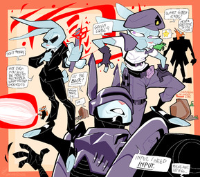 4_fingers anthro belly beret big_belly bottomwear clothed clothing cosplay crossover_cosplay dialogue duo eating eyewear female female_anthro fingerless_gloves fingers fur gloves grey_body grey_fur hand_on_leg hand_on_own_leg hand_on_own_thigh hand_on_thigh handwear hat headgear headwear laser male necktie neuralyzer pants purple_eyes shirt speech_bubble standing suit sunglasses t-shirt text topwear superfrenzyhare capcom disney men_in_black resident_evil robocop_(franchise) zootopia jill_valentine judy_hopps nick_wilde robocop canid canine european_rabbit fox lagomorph leporid mammal oryctolagus rabbit red_fox true_fox 2025 crossover dated english_text