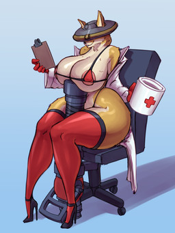 anthro areola areola_slip big_breasts bikini black_clothing black_footwear black_high_heels breasts chair clipboard clothed clothed_anthro clothed_female clothing coat coffee_mug countershade_fur countershade_torso countershading curvy_figure ears_through_headwear female footwear fur furniture glistening glistening_areola glistening_body glistening_breasts glistening_thighs gloves handwear high_heels hourglass_figure huge_breasts huge_hips huge_thighs lab_coat legwear medi_gun office_chair open_clothing open_coat open_topwear orange_body orange_fur pink_areola pumps red_bikini red_clothing red_gloves red_handwear red_legwear red_swimwear red_thigh_highs shoes sitting smile solo swimwear tan_body tan_fur thick_thighs thigh_highs thong_straps topwear two-piece_swimsuit wearing_hat wide_hips saidra team_fortress_2 valve medic_(team_fortress_2) canid canine canis domestic_dog mammal shiba_inu spitz 2026 3:4 absurd_res hi_res