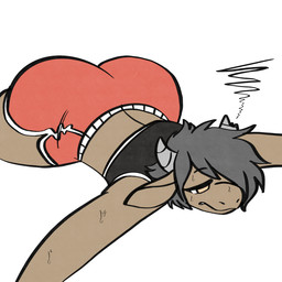 ambiguous_gender anthro biped black_chest_binder black_clothing black_topwear bodily_fluids bottomwear broken_horn brown_body brown_fur butt chest_binder clothed clothing dolphin_shorts frown fur grey_hair grey_horn grimace hair half-closed_eyes horn lying narrowed_eyes on_front orange_eyes red_bottomwear red_clothing red_shorts short_hair shorts simple_background solo sweat teeth topwear underwear white_background manitka manitka_storm bovid bovine cattle mammal 1:1 2025 digital_media_(artwork) hi_res