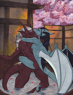 4_fingers balls blue_body breasts butt butt_grab cherry_blossom duo entwined_tails eyelashes eyes_closed female fingers flower from_front_position genitals hair hand_on_butt horn hug long_hair male male/female muscular muscular_male nude plant prunus_(flower) red_body sex stand_and_carry_position standing standing_sex tail tail_coil text water wings stray-sketches disney gargoyles brooklyn_(gargoyles) katana_(gargoyles) gargoyle scalie signature