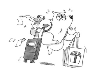 anthro backpack bag bodily_fluids female holding_object luggage paper running solo sweat tired tongue tongue_out twistcmyk hi_res monochrome