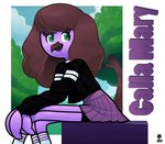 anthro beak bottomwear clothed clothing female fully_clothed green_eyes purple_body purple_skin sitting skirt solo sweater topwear wazzaldorp real_axolotl_hours calla_mary cephalopod coleoid marine mollusk octopodiform 2020 hi_res