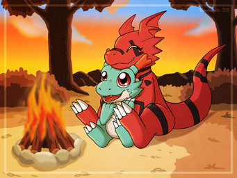 3_claws ambiguous_gender belly black_markings blue_body blue_sky burning chin_on_head claws cloud duo eyes_closed feral fire happy head_wings horn markings orange_clouds orange_sky plant red_body red_eyes red_horn sitting sky skyscape smile sunset tree unusual_wing_placement white_belly wings veemonsito bandai_namco digimon digimon_(species) dracomon guilmon guilmon_x x-digimon 4:3 watermark