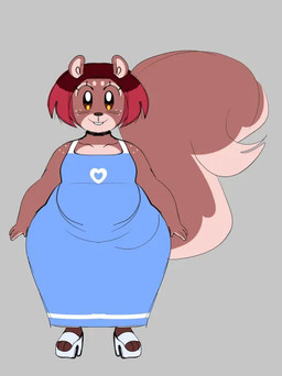 3_toes anthro big_butt big_tail blue_clothing buckteeth butt cartoon_freckles clothed clothing crossdressing dress feet femboy feminine footwear freckled_face freckled_shoulders freckles front_view grey_background hair happy high_heels looking_at_viewer male overweight red_hair shoes shortstack shortstack_male simple_background slightly_chubby slightly_chubby_male smile solo tail teeth thick_thighs toeless_footwear toes wide_hips jamcassette mammal rodent sciurid tree_squirrel digital_media_(artwork)
