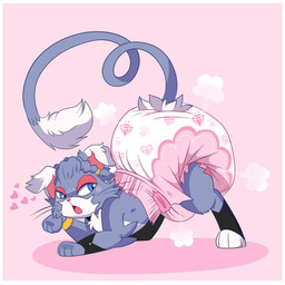 4_toes accessory ambiguous_gender ass_up blush blush_lines border clean_diaper clothed clothing cloud_emanata curled_tail diaper diaper_puff dipstick_ears ear_markings emanata feet feral fur grey_body grey_fur grey_tail hair_accessory heart_symbol leg_markings looking_back markings multicolored_body multicolored_ears multicolored_fur narrowed_eyes open_mouth pink_background red_inner_ear red_nose simple_background socks_(marking) solo spots spotted_body spotted_face spotted_fur tail tail_tuft toes tuft wearing_diaper whiskers white_body white_border white_ear_tips white_fur white_spots white_tail_tuft wristband jupiters nintendo pokemon generation_4_pokemon glameow pokemon_(species) hi_res