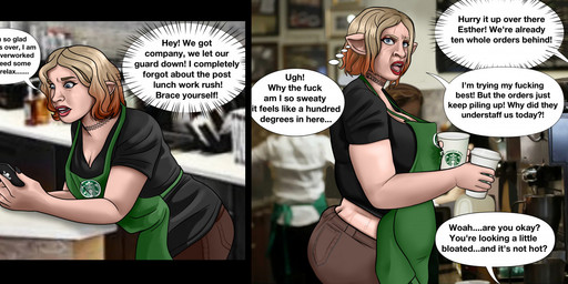 abdominal_bulge ambiguous_gender apron big_breasts big_butt big_ears black_choker black_clothing black_jewelry black_necklace black_shirt black_topwear blonde_hair blue_eyes bodily_fluids bottomwear breasts brown_bottomwear brown_clothing brown_jeans brown_pants butt choker clothing container cow_transformation cup denim denim_bottomwear denim_clothing dialogue electronics employee employee_uniform erect_nipples female gradient_hair hair jeans jewelry lactating lactating_through_clothing lips milk necklace nipple_outline nipples open_mouth orange_hair pants phone photo_background pink_tongue pointy_ears profanity red_lips sagging_breasts shirt short_hair slightly_chubby slightly_chubby_female solo species_transformation speech_bubble sweat sweatdrop sweaty_butt sweaty_face talking_to_another teeth_showing text thought thought_bubble thoughts tongue topwear transformation weight_gain wet wet_clothing barnyardmistress apple_inc. starbucks bovid bovine cattle human humanoid mammal comic digital_drawing_(artwork) digital_media_(artwork) english_text mixed_media photography_(artwork) unavailable_at_source
