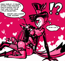 anthro bodily_fluids clothing cum duo erection genital_fluids genitals gynomorph gynomorph/male hair horn intersex intersex/male male penis red_body red_skin text eviltqf hellaverse helluva_boss sallie_may_(helluva_boss) stolas_(helluva_boss) avian bird demon humanoid imp owl owl_demon digital_media_(artwork) english_text trans_(lore) trans_woman_(lore)