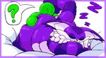 2021 afrothicc720 anthro bed big_the_cat butt butt_grab digital_drawing_(artwork) digital_media_(artwork) domestic_cat duo felid feline felis furniture green_body hand_on_butt human lying lying_on_bed male mammal on_bed on_butt on_front purple_body raised_tail sega size_difference sleeping sonic_the_hedgehog_(series) tail