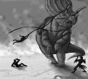 3_horns ambiguous_gender anthro digitigrade facial_horn feral front_view group head_horn horn larger_feral looking_at_another lying midair multi_horn nose_horn on_hind_legs open_mouth raised_arm saddle silhouette size_difference smaller_anthro standing tail deriaz avian ceratopsian ceratopsid chasmosaurine dinosaur marginocephalian ornithischian prehistoric_species reptile scalie triceratops 2013 digital_drawing_(artwork) digital_media_(artwork) full-length_portrait greyscale monochrome portrait