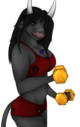 anthro breasts cleavage clothed clothing dumbbell ear_piercing ear_ring exercise female piercing ring_piercing solo weightlifting weights workout queenofvampires666 blizzard_entertainment warcraft bovid bovine mammal tauren hi_res