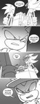 anthro apron clothing dialogue duo gloves handwear hat headgear headwear male speech_bubble tail text yanimae sega sonic_the_hedgehog_(series) shadow_the_hedgehog sonic_the_hedgehog eulipotyphlan hedgehog mammal absurd_res black_and_white comic english_text hi_res monochrome