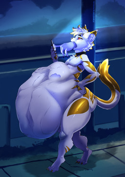 anthro belly big_belly duo male multiple_prey open_mouth oral_vore red_eyes struggling struggling_prey swallowing vore bubblebnnuy domestic_cat felid feline felis mammal hi_res