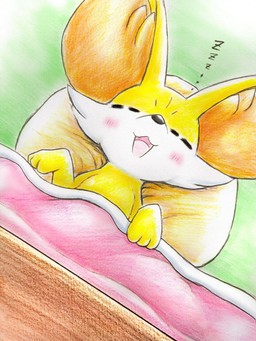 ambiguous_gender blush blush_lines eyes_closed feral fur inner_ear_fluff lying on_back open_mouth orange_body orange_fur paws sleeping solo sound_effects tongue tuft vowelless vowelless_sound_effect white_body white_fur yellow_body zzz eiroru nintendo pokemon canid canine fennekin generation_6_pokemon mammal pokemon_(species) 2025 3:4 graphite_(artwork) hi_res traditional_media_(artwork)