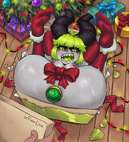 areola armwear black_horn black_sclera bodily_fluids box breasts buttplug christmas_clothing clothing container crossgender eyelashes feet female gift_bow gift_box green_eyes green_hair green_tongue grey_body hair holidays horn legwear looking_at_viewer lying maebari nipples on_back open_mouth plug_(sex_toy) purple_areola purple_nipples red_armwear red_clothing red_legwear sex_toy sharp_teeth solo sweat sweatdrop teeth thick_thighs tongue wide_hips fram_lina christmas dota valve pugna horned_humanoid humanoid