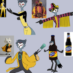 anthro clothing cosplay crossover_cosplay eyewear glasses hat headgear headwear male solo aaron_amethyst goya_foods hellaverse helluva_boss malta_goya nine_sols red_candle_games randy_savage stolas_(helluva_boss) yellow_ranger yi_(nine_sols) avian bird goetia owl 1:1 absurd_res crossover hi_res reference_image
