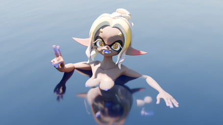 breasts clothing dark_body dark_skin day female gesture hand_gesture happy looking_at_viewer medium_breasts nipples nude open_mouth outside partially_submerged purple_nipples sea skinny_dipping solo swimming swimwear v_sign water minalinsky nintendo splatoon frye_(splatoon) aquatic cephalopod humanoid inkling mollusk 16:9 3d_(artwork) 4k absurd_res blender_(artwork) digital_media_(artwork) hi_res widescreen