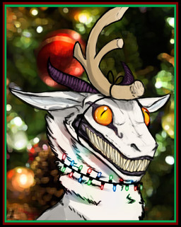 ambiguous_gender black_border blurred_background border christmas_decorations christmas_lights fur glistening glistening_eyes grin horn pupils purple_horn sharp_teeth slit_pupils smile solo teeth three-quarter_view unsigned white_body white_fur acidic synx bust_portrait portrait