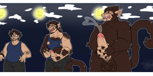 anthro big_penis black_short blue_clothing blue_shirt blue_topwear bodily_fluids clothing cloud cloudy_sky drooling ejaculation erection eyewear full_moon genitals glasses huge_penis hyper hyper_genitalia hyper_penis light male masturbation moon moonlight open_mouth outside penis saliva shirt sky solo topwear torn_clothing transformation transformation_sequence wearing_glasses conlore dragon_ball nyx_moon mammal oozaru primate absurd_res hi_res