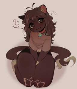 :3 ambiguous_gender anthro bell bell_collar blush brown_hair clothed clothed_ambiguous clothed_anthro clothing collar eyelashes hair inner_ear_fluff kneeling looking_at_viewer navel question_mark simple_background smile tail thick_thighs tuft chewtoyys lucky_(chewtoyys) domestic_cat felid feline felis mammal 2026 absurd_res hi_res nonbinary_(lore)