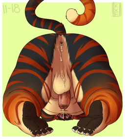 all_fours anthro anus ass_up balls bodily_fluids butt cum cum_in_ass cum_inside cum_on_balls genital_fluids genitals humanoid_genitalia humanoid_penis looking_at_viewer male male_anthro nude overweight overweight_anthro overweight_male penis pink_eyes precum presenting presenting_hindquarters raised_tail simple_background solo tail kronexfire max_the_tiger felid mammal pantherine tiger 2018 hi_res