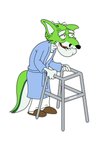 anthro black_nose clothed clothing elderly elderly_male fur green_body green_eyes green_fur hair male simple_background smile solo walker white_body white_fur blakefox family_guy fidget_the_fox herbert_the_pervert canid canine fox mammal digital_media_(artwork) hi_res signature