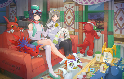 anthro beady_eyes clothing coat female feral fur furniture group horn lab_coat long_ears male necktie smile sofa topwear white_body white_fur fuuraxen bandai_namco digimon digimon_story:_time_stranger inori_misono_(digimon) kanan_yuki demidevimon digimon_(species) elecmon gomamon guilmon human mammal patamon shoutmon terriermon terriermon_assistant absurd_res hi_res