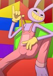 anthro bulge clothed clothing gloves handwear inside looking_at_viewer male overalls purple_body sitting smile smug_face smug_grin solo 7nulls glitch_productions the_amazing_digital_circus jax_(tadc) lagomorph leporid mammal rabbit absurd_res hi_res