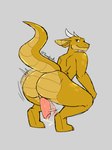 anthro bodily_fluids butt cum genital_fluids genitals horn looking_at_viewer male nude penis solo tail twerking underbelly yellow_eyes mythology zatou_syrene dragon kobold mythological_creature mythological_scalie scalie hi_res