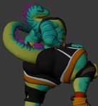 anthro big_butt black_bottomwear black_clothing black_gloves black_handwear black_shorts blue_eyes bottomwear butt clothed clothing fingerless_gloves footwear gloves green_body green_scales grey_background handwear knee_pads male mouth_closed orange_clothing orange_footwear orange_shoes red_clothing red_footwear red_socks scales shoes shorts simple_background socks solo tail thick_thighs topless topless_anthro topless_male anaroth maru_chan237_(modeler) epic_games fortnite lizzik_(fortnite) lizard reptile scalie 2025 3d_(artwork) digital_media_(artwork) english_description hi_res unfinished