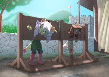 anthro biped black_markings blue_eyes bodily_fluids bottomwear bound brown_bottomwear brown_clothing brown_hair brown_shirt brown_shorts brown_topwear clothed clothing day duo eyelashes facial_markings female floppy_ears folded_ears fur glistening_eyelids hair head_markings leg_markings loli long_eyelashes markings medieval motion_lines muzzle_(marking) open_mouth outside pink_nose plantigrade public restraints shirt shorts socks_(marking) standing stocks struggling tear_trough tears tiptoes tongue topwear white_hair yellow_body yellow_fur young young_anthro young_female galo nintendo pokemon generation_5_pokemon generation_7_pokemon mienfoo pokemon_(species) rockruff species_request 2025 absurd_res colored digital_drawing_(artwork) digital_media_(artwork) hi_res shaded