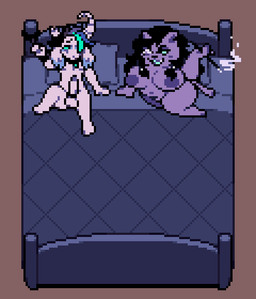 accessory anthro areola balls bdsm bed bedroom_eyes big_bed big_breasts big_penis black_hair blush bondage bound breasts broken_horn cigar cigarette cock_ring collar cuff_(restraint) dominant dominant_female duo dyed_fur ears_as_hair erection female femboy fur furniture genitals hair half-closed_eyes highlights_(coloring) horn huge_breasts humanoid_genitalia humanoid_penis imminent_sex jewelry long_hair male male/female narrowed_eyes nipples nude on_bed overweight overweight_anthro overweight_female penis penis_accessory penis_jewelry pillow purple_body purple_fur restraints seductive simple_background sitting sitting_on_bed smile smoke smoking smoking_cigarette submissive submissive_male tail teeth thick_thighs white_body white_fur wrist_cuffs moronicpixels fellshift undertale undertale_(series) asriel_dreemurr catty_cattenheimer bovid caprine domestic_cat felid feline felis goat mammal digital_media_(artwork) hi_res pixel_(artwork)